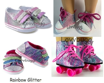 Rainbow Glitter Sneakers & Skates Collection Pastel Bright Look-Alikes for 18 inch American Girl, Boy or Baby Doll Shoes LovvbuggToo