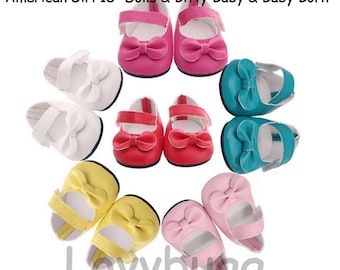 LovvbuggToo Easy-Close Mary Janes with Bow--Pink Yellow White Hot Pink Blue Red for 18&quot; American Girl or Bitty Baby or Baby Born Doll Shoes
