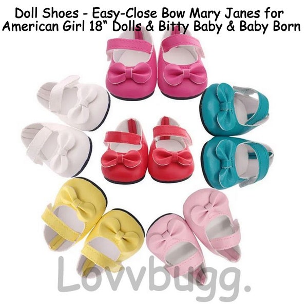 LovvbuggToo Easy-Close Mary Janes with Bow--Pink Yellow White Hot Pink Blue Red for 18" American Girl or Bitty Baby or Baby Born Doll Shoes