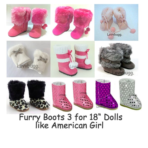 Lovvbugg! Furry Boots Group 3--Pink-Hot Pink-Pom Pom-Flurry-Sherpa-Gray-Leopard-Sequin-Shoes for 18" American Girl or Baby Doll Shoes