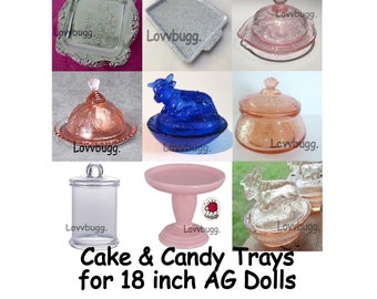 Cake Plates, Candy Dishes & Trays for 18 inch American Girl Doll Food Play Plastic Glass Reproduction Depression Glass Pink Blue Cow Dish