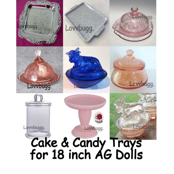 Cake Plates, Candy Dishes & Trays for 18 inch American Girl Doll Food Play Plastic Glass Reproduction Depression Glass Pink Blue Cow Dish