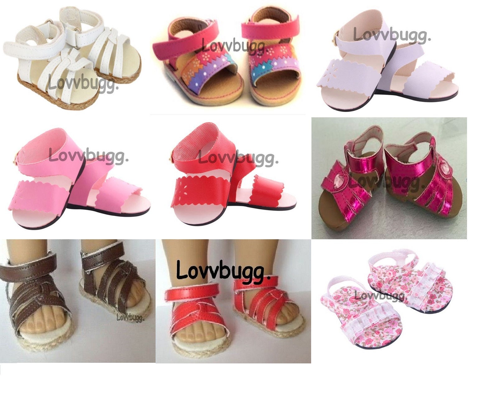 Sandals Shoes Group 1 White, Pink, Red, Brown, Metallic, Saltwater, Floral, Hawaiian for 18 inch American Girl or Bitty Baby Doll Shoes