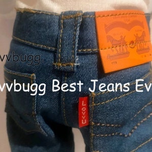 BEST.JEANS.EVER. for 18 inch American Girl or Boy Doll Clothes Realistic Red Tab Blue Jeans with &quot;LovvU&quot; Tab and Leather-Like Patch in Back
