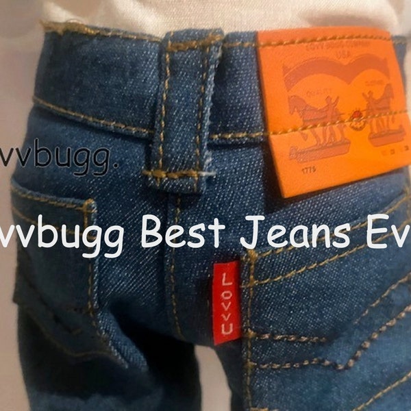 BEST.JEANS.EVER. for 18 inch American Girl or Boy Doll Clothes Realistic Red Tab Blue Jeans with "LovvU" Tab and Leather-Like Patch in Back