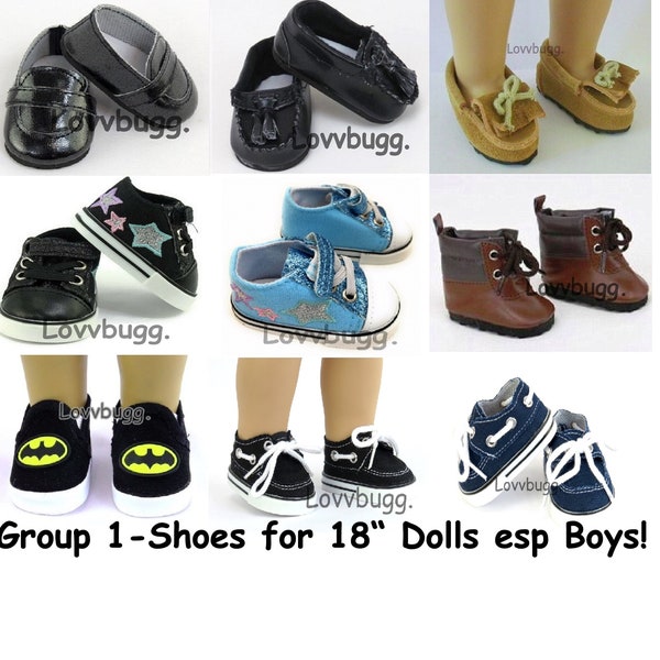 LovvbuggToo! Shoes for Boy Dolls GROUP 1--HighTops Black Blue Superhero Bat Hiking Dressy Siders- for 18" American Girl Logan Doll Shoes