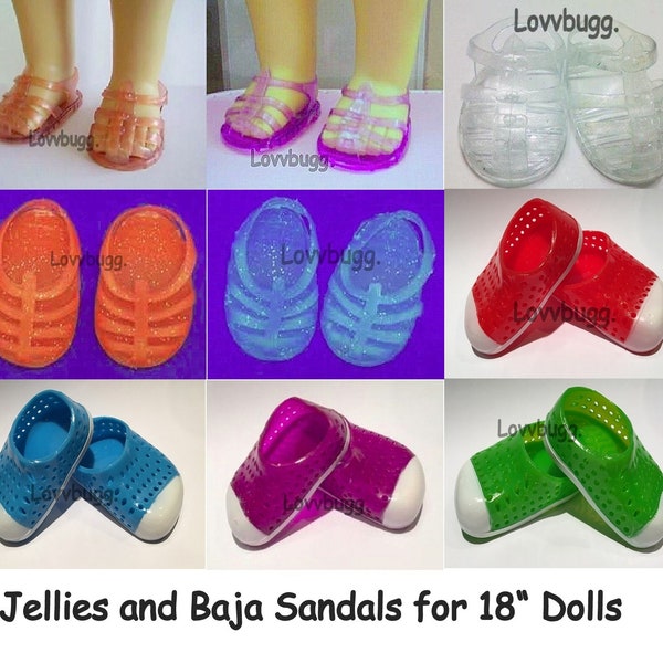 Jellies and Baja Sandals Pink Purple Clear Red Blue Green for 18 inch American Girl AND Bitty Baby or Baby Born Doll Shoes