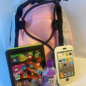 Backpack with Tablet Computer, Phone and Soda Set Doll School Supplies Accessory for 18 inch American Girl or Bitty Baby or Baby Born Doll