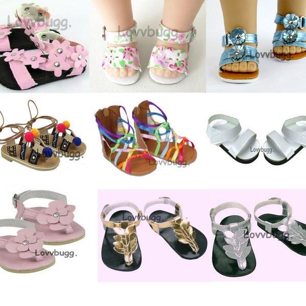 Sandals Shoes Group 2 Flowers, Pom Pom, Pink, Metallic, Silver, Floral, Greek. Blue for 18 inch American Girl or Bitty Baby Doll Shoes