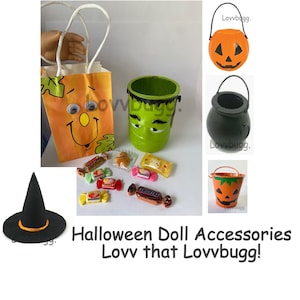 Halloween Pail & Candy for 14&quot; to 18 inch American Girl Doll Costume Accessory 1/4 BJD Mini Pumpkin Bucket Witch Cauldron Potter Sorting Hat