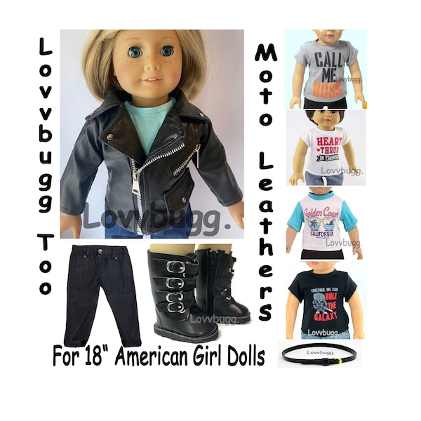 Schwarze Lederjacke und Moto Leathers Biker Boots für 18 "American Girl / Boy Dolls Harley Rider Nachricht T Boss California Star Wars Gürtel