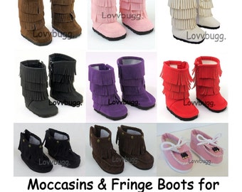 LovvbuggToo Fringe Boots Moccasins--Suede Brown Pink White Black Purple Red Beaded for 18&quot; American Girl or Baby Doll Shoes Costumes