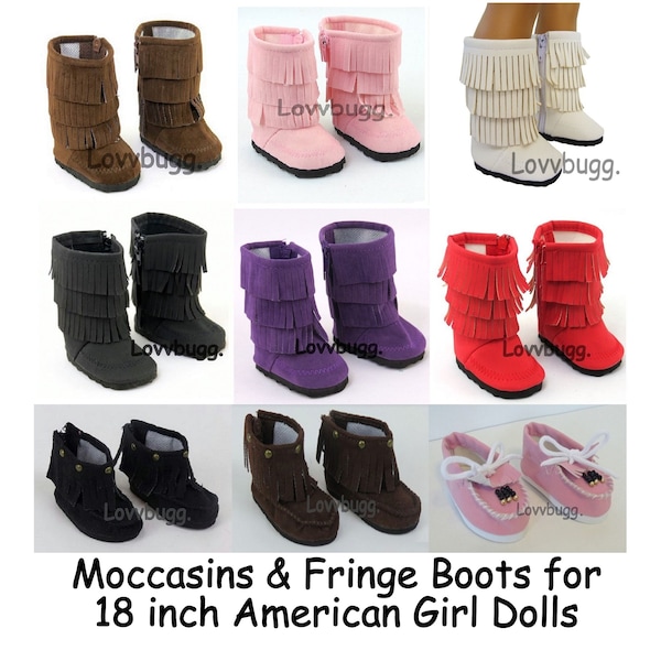 LovvbuggToo! Fringe Boots Moccasins-Brown Pink White Black Purple Red Beaded for 18" American Girl or Baby Doll Shoes Costumes