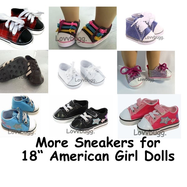 More Sneakers--New Buffalo Plaid, Multi-Lace, Denim High-Tops,Soccer Cleats,White, Stars for 18 inch American Girl,Boy,Baby Doll Shoes