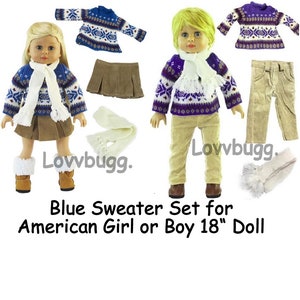 Conjunto de suéter alpino azul para muñeca American Girl o Boy de 18 pulgadas con bufanda de punto, pantalones o falda