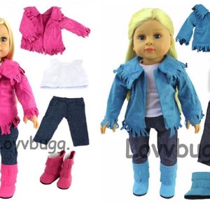 COMPLETE SET! Western Fringe Cowgirl Suede Cloth Jacket + Shirt + Jeans + Boots Pink or Blue for 18 inch American Girl or Boy Doll Clothes