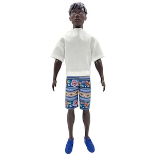Blue Floral Striped Shorts and White Shirt for Male Fashion Doll