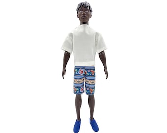 Blue Floral Striped Shorts and White Shirt for Male Fashion Doll