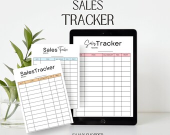 May include: Three printable sales tracker sheets with a light blue, peach, and beige color scheme. The sheets are labeled "Sales Tracker" and have columns for date, items, sale amount, fees, and profit.