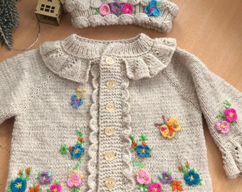 Hand knitted baby girl set :  baby girl  cardigan,   headband- the unique embroidered complement to your little girl's outfits.