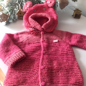 pink  bear baby hooded cardigan- hand Knit Bear Cub Hooded Cardigan-Baby Cardigan with Teddy Bear Ears-babyshower gift