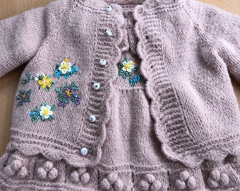 Hand-Knitted Embroidered Baby Dress Set: Vintage Lace Outfit