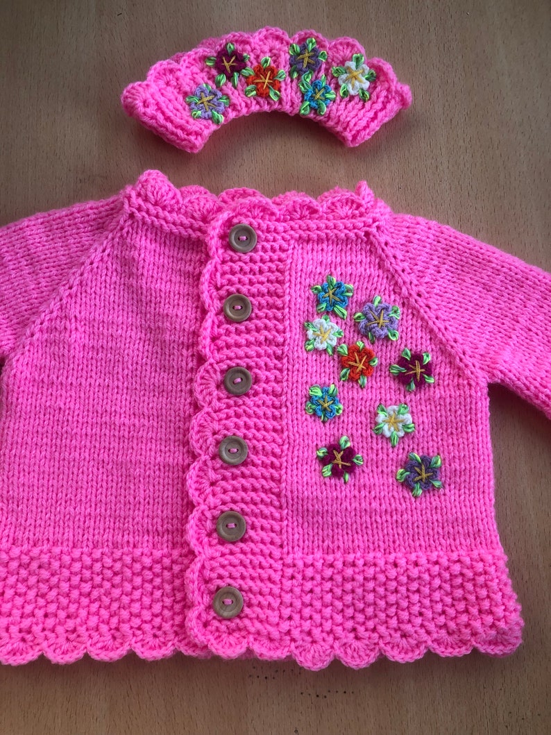 Embroidered Hand Knit Baby Girl Sweater, Soft Crochet Cardigan Perfect Baby Summer Outfit image 1