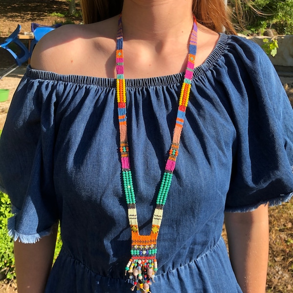 Ethnic Colorful  Macrame Necklace, Boho Statement, Gypsy  Choker , Fringe Necklace, Festival Hippie, Woven Jewelry GLASS BEAD