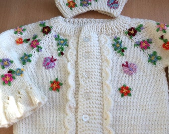 Hand knit baby flower sweater, organic cotton embroidered baby cardigan, personalized holiday baby girl sweater gift, christmas baby outfit