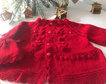 Toddler girl sweater -100% Organic hand knit baby cardigan -kid red  jacket- wedding clothes bolero