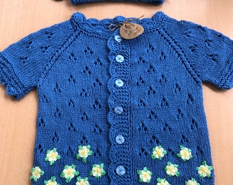 Hand Knitted Baby Cardigan Set: Embroidered Cotton Vest & Headband