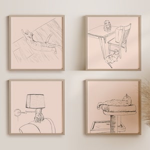 Set of 4 Cat Personality Sketches Printable Wall Art, Peach, Taupe, White, Line Drawings, Hand Drawn Artwork, Cat Lover Gallery Wall, Square