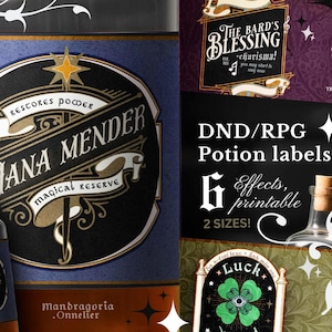 Può includere: Etichette di pozioni DND/RPG stampabili con vari effetti. Le etichette includono testo come "Mana Mender" e "The Bard's Blessing". Le etichette sono progettate con un'estetica vintage e sono disponibili in due dimensioni.