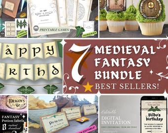 Medieval Fantasy Birthday party Bundle with printable Decorations, Food tents, potion labels, Games and Invitation, INSTANT DOWNLOAD FILES