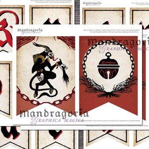 May include: A set of printable banner flags featuring gothic-style letters in red and black on a parchment-colored background. One flag displays a black Krampus illustration, while another shows a black bell with the text Krampus inside a chain.