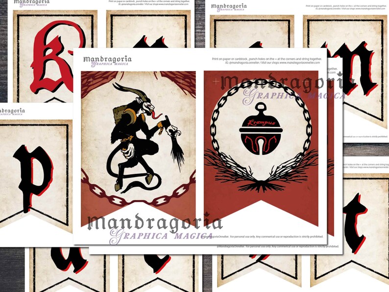 May include: A set of printable banner flags featuring gothic-style letters in red and black on a parchment-colored background. One flag displays a black Krampus illustration, while another shows a black bell with the text Krampus inside a chain.