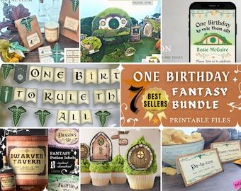 Fantasy themed BUNDLE for First Birthday party with printable Decorations, Food tents, potion labels, Game and Invitation, INSTANT DOWNLOAD