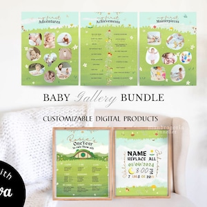 Baby Bundle EDITABLE templates on Canva, Green fantasy nursery prints, DOWNLOAD Hobbitcore art, My 1st year gallery wall, Fairy baby art