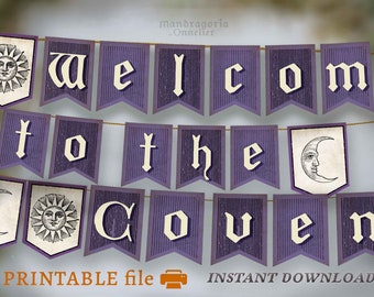 Welcome witches banner, PRINTABLE coven decor, witchy gothic birthday banner, DOWNLOAD witch halloween party garland, Purple Whimsigoth gift