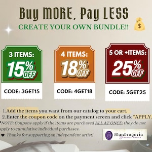 May include: A promotional graphic titled BUY MORE, PAY LESS with three rectangular coupon boxes. Green box offers 15% off with code 3GET15, orange box offers 18% off with code 4GET18, and red box offers 25% off with code 5GET25. Includes instructions and logo.