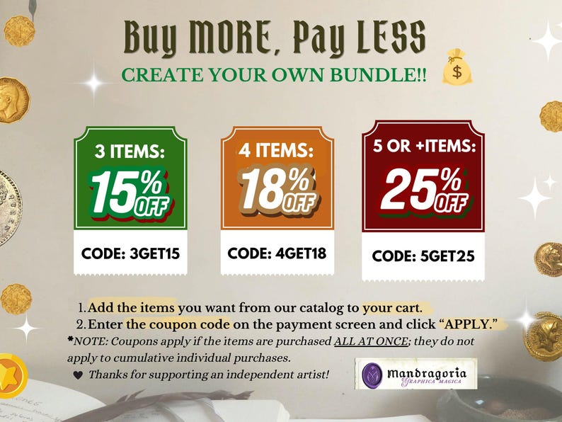 May include: A promotional graphic titled BUY MORE, PAY LESS with three rectangular coupon boxes. Green box offers 15% off with code 3GET15, orange box offers 18% off with code 4GET18, and red box offers 25% off with code 5GET25. Includes instructions and logo.