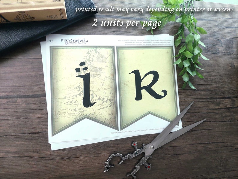 May include: A printable sheet featuring two pennant-style banner flags with a vintage map background and large black letters I and R. The text Mandragoria is visible at the top. The sheet includes the text printed result may vary depending on printer or screens and 2 units per page.