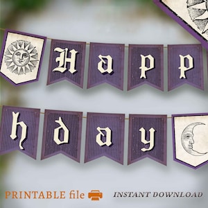 Banner morado de cumpleaños de brujas, DESCARGAR guirnalda de fiesta oscura, banner morado de cumpleaños gótico, decoración IMPRIMIBLE de Halloween Whimsigoth, cumpleaños oscuro.