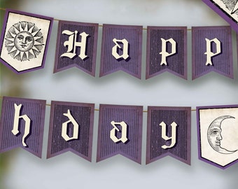 Witchy Birthday Purple Banner, DOWNLOAD Dark party garland, Purple Gothic Birthday Banner, Halloween Whimsigoth PRINTABLE decor, dark bday.