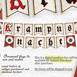 May include: A decorative banner set featuring individual pennant flags with an antique parchment texture and charcoal borders. The flags spell out KRAMPUS NACHT in a gothic black font with red accents, accompanied by illustrated ornament flags.