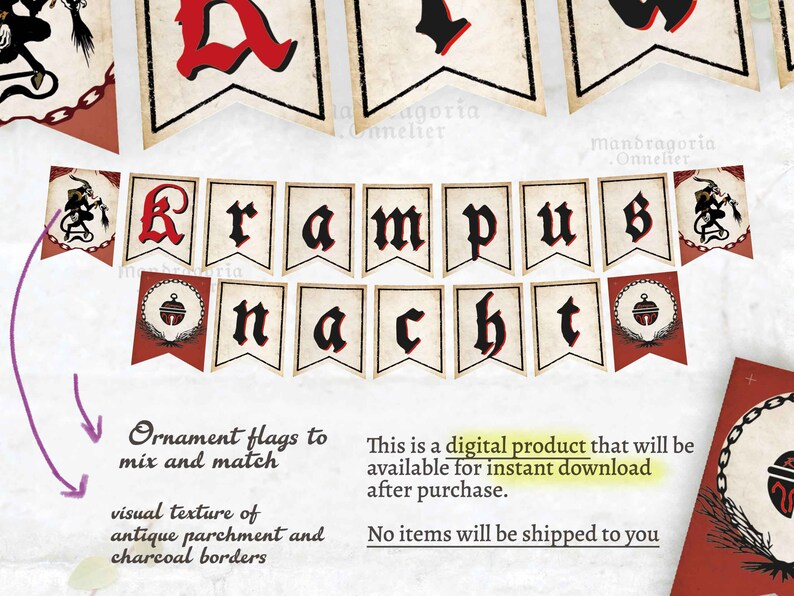 May include: A decorative banner set featuring individual pennant flags with an antique parchment texture and charcoal borders. The flags spell out KRAMPUS NACHT in a gothic black font with red accents, accompanied by illustrated ornament flags.