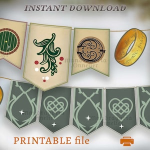 Elven fantasy garland, PRINTABLE  DIY wall decoration, Hobbitcore party download,  cottagecore prints, epic bunting banner