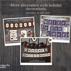 May include: Three rectangular prints displaying holiday banners and cards. One banner reads SAMHAIN, another WELCOME TO THE COVEN, and the third HAPPY HELLIDAYS. The designs feature black, white, and purple color schemes with various seasonal illustrations.