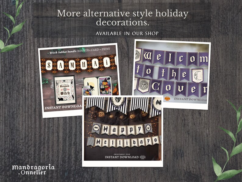 May include: Three rectangular prints displaying holiday banners and cards. One banner reads SAMHAIN, another WELCOME TO THE COVEN, and the third HAPPY HELLIDAYS. The designs feature black, white, and purple color schemes with various seasonal illustrations.