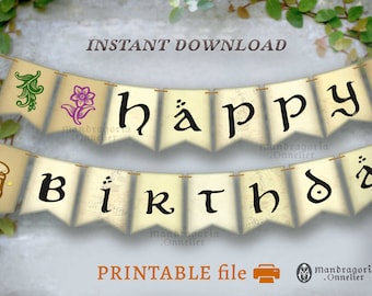 妖精の誕生日バナー、印刷可能なファンタジーパーティーの印刷可能な装飾、コテージコアパーティー、ホビットコアの妖精のギフト